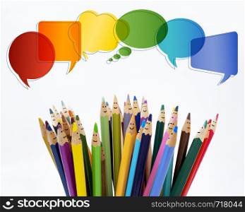 Social network communication. Colored pencils funny faces of people smiling. Talking. Group of people talking. Dialogue group of people. Crowd. Diverse People and different culture. Isolated