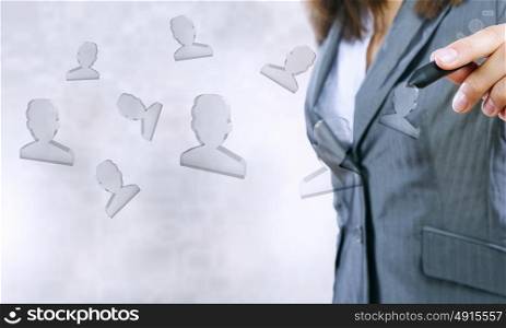 Social network concept. Close up of businesswoman touching media screen with stylus