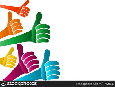 Social network concept. Colored hands with thumbs up. Share and follow. Positive and approval. Online community. Communication between friends. Isolated