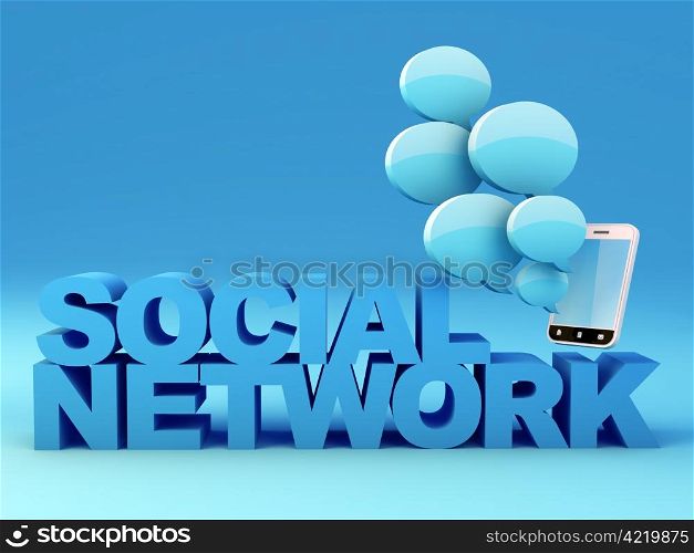 Social network concept. Smartphone with speech bubbles. 3D Render