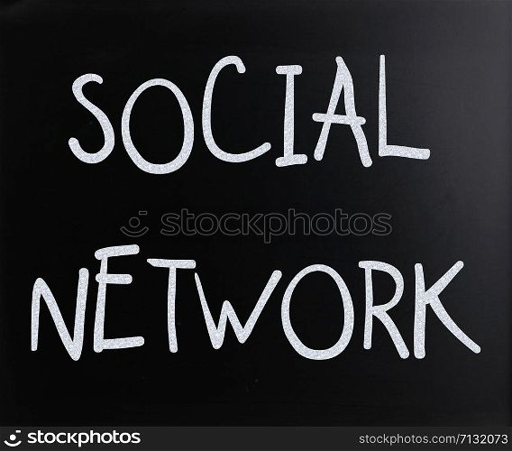 ""Social network" handwritten with white chalk on a blackboard"