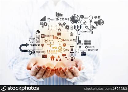 Social network structure. Hands of businessman demostrating tablet and network connection concept