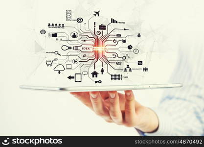 Social network structure. Hands of businessman demostrating tablet and network connection concept