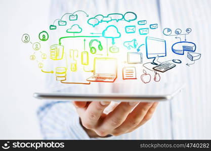 Social network structure. Hands of businessman demostrating tablet and network connection concept