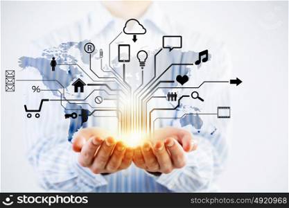 Social network structure. Hands of businessman demostrating tablet and network connection concept