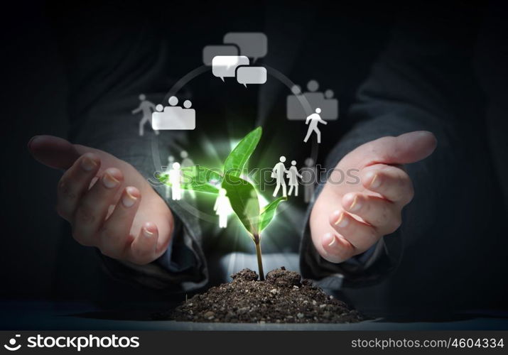 social network theme. Social network theme with young green sprout rising