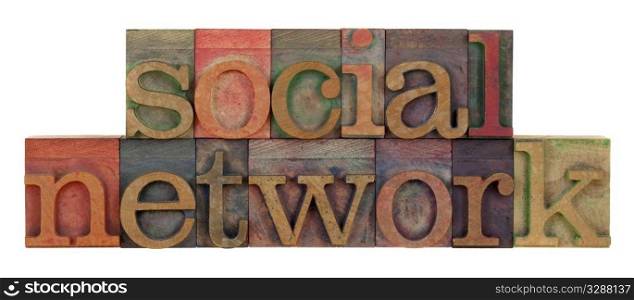social network words in vintage wood letterpress type, stained by color ink, isolated on white