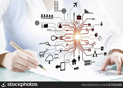 Social networking concept. Close view of businesswoman at office desk writing with pen