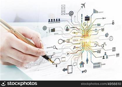 Social networking concept. Close view of businesswoman at office desk writing with pen