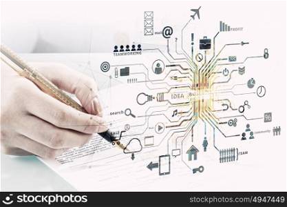 Social networking concept. Close view of businesswoman sitting at desk and writing with pen
