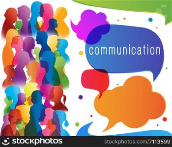 Social networking. Diverse people. Large isolated group people in profile talking silhouette. Speech bubble. Crowd speaks. Concept to communicate. Multi-ethnic people dialogue. Clouds. Talk