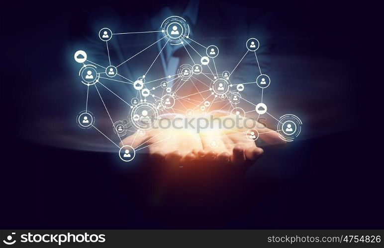 Social networking scheme. Hand of business person presenting on palm web social connection concept
