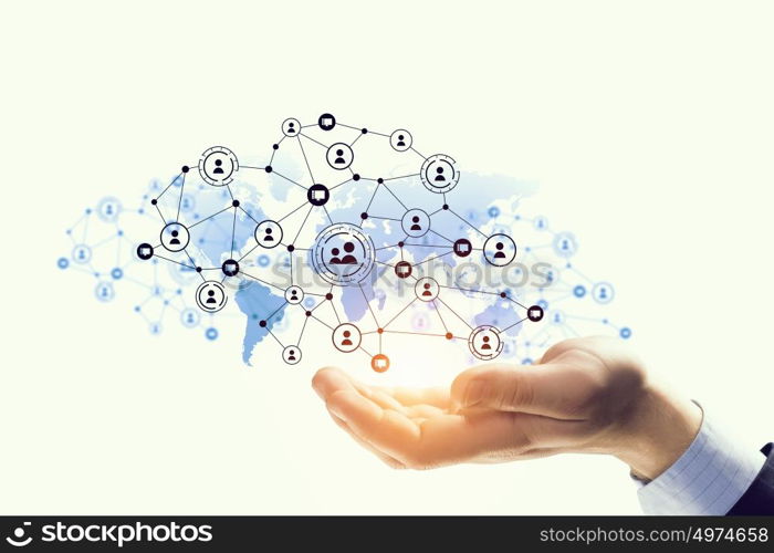 Social networking scheme. Hand of business person presenting on palm web social connection concept