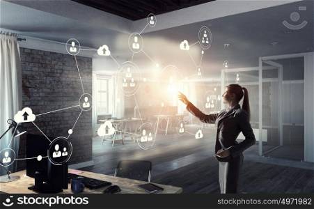 Social networking technologies. Businesswon in office interior and social net connection 3D illustration
