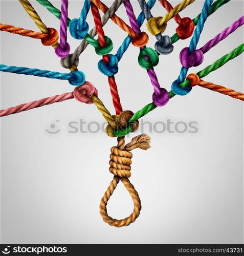 Social suicide concept as a sociology metaphor for crowd or herd mentality and group decisions resulting in violence or population death as a network of connected ropes tied together with a noose at the root of the institution.