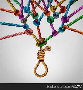 Social suicide concept as a sociology metaphor for crowd or herd mentality and group decisions resulting in violence or population death as a network of connected ropes tied together with a noose at the root of the institution.