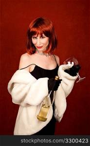 Socialite with brassy red hair and wine bottle