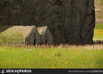 Sod covered abandoned homes in a blooming meadow next to a rugged rock face