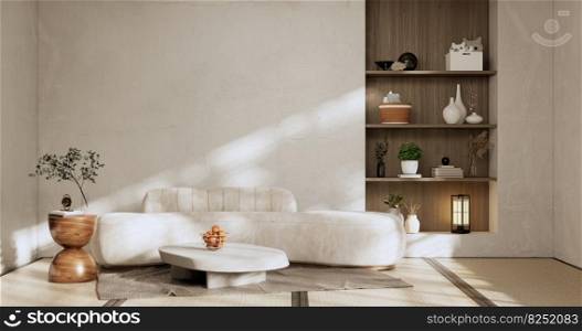 sofa and decoration japanese on Modern room interior wabisabi style.3D rendering
