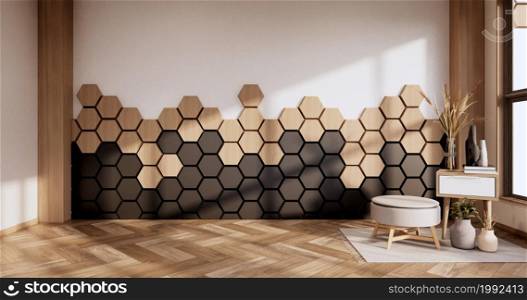 sofa and decoration plants,hexagon tiles wooden and black on wall Modern room minimalist.3D rendering