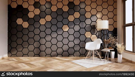 sofa and decoration plants,hexagon tiles wooden and black on wall Modern room minimalist.3D rendering