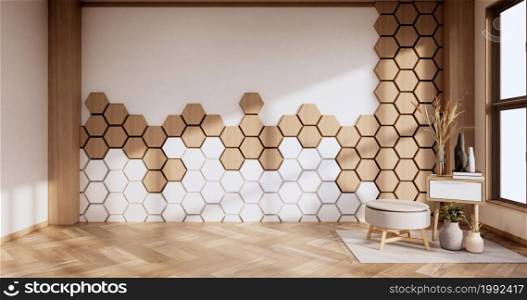 sofa and decoration plants,hexagon tiles wooden and white on wall Modern room minimalist.3D rendering