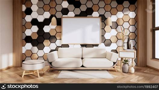 sofa and decoration plants,hexagon tiles wooden, white ,black on wall Modern room minimalist.3D rendering