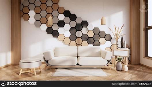 sofa and decoration plants,hexagon tiles wooden, white ,black on wall Modern room minimalist.3D rendering