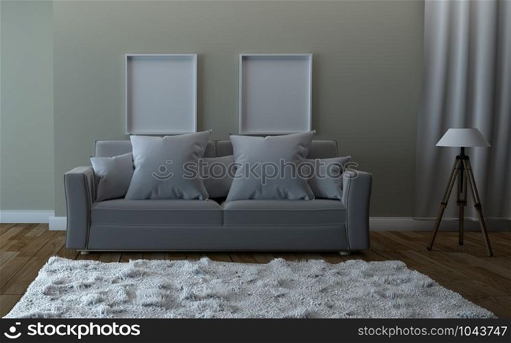 Sofa and picture, wooden floor on empty white wall background. 3D rendering