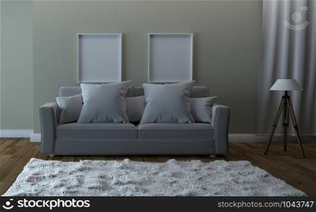 Sofa and picture, wooden floor on empty white wall background. 3D rendering