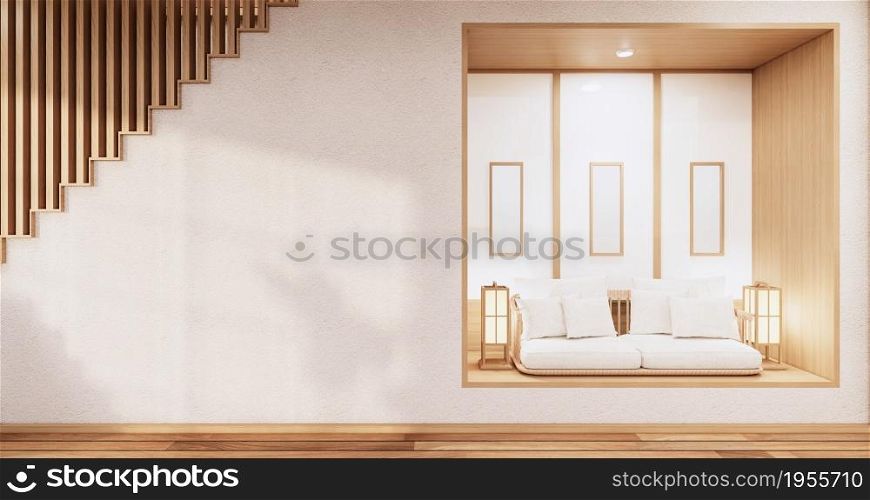 Sofa furniture on mockup wooden room design minimal.3D rendering