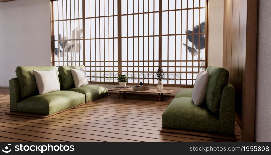 Sofa furniture on mockup wooden room design minimal.3D rendering