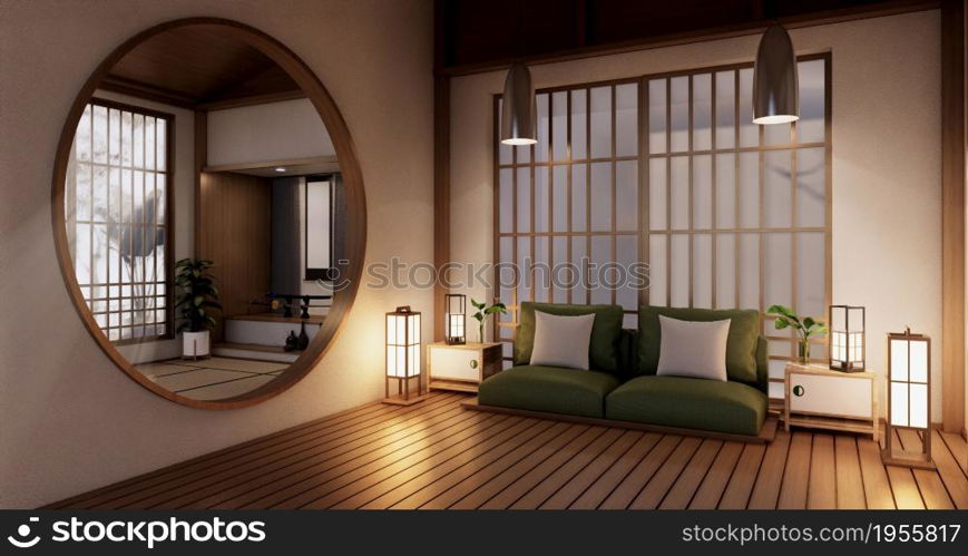 Sofa furniture on mockup wooden room design minimal.3D rendering