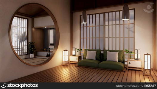 Sofa furniture on mockup wooden room design minimal.3D rendering