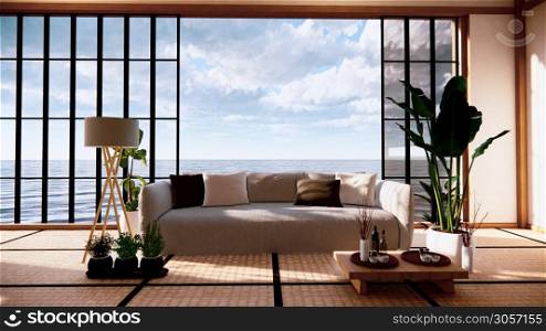 Sofa on empty room japanese design on tatami mat ,3D rendering
