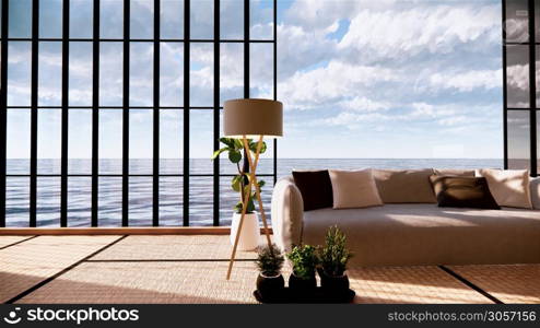 Sofa on empty room japanese design on tatami mat ,3D rendering