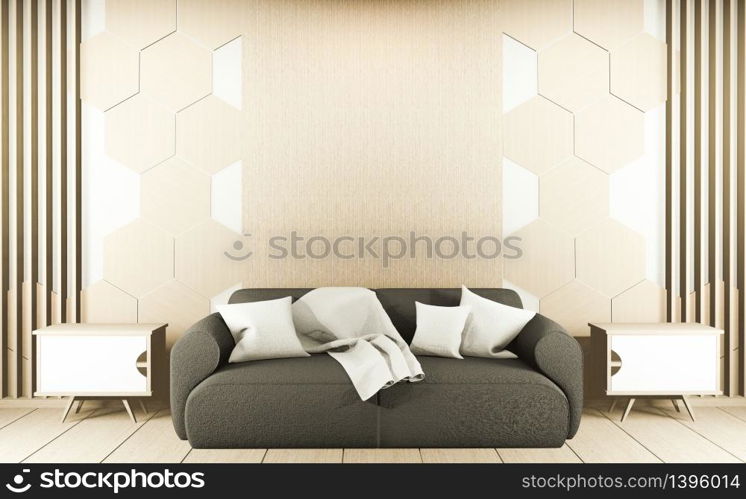 Sofa on modern roon interior with hexagon tiles wooden on wall. 3D rendering