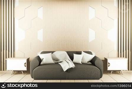 Sofa on modern roon interior with hexagon tiles wooden on wall. 3D rendering