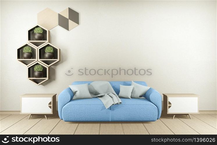 Sofa on modern roon interior with hexagon tiles wooden on wall. 3D rendering