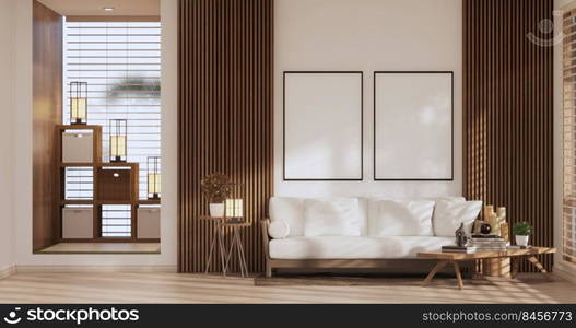 Sofa on room tropical interior with tatami mat floor and white wall.3D rendering