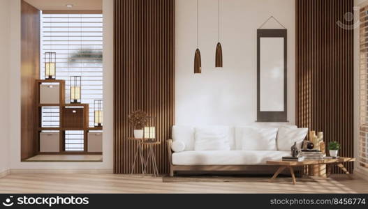 Sofa on room tropical interior with tatami mat floor and white wall.3D rendering