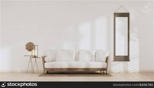 Sofa on room tropical interior with tatami mat floor and white wall.3D rendering