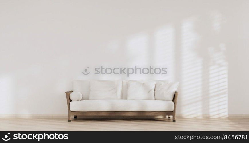 Sofa on room tropical interior with tatami mat floor and white wall.3D rendering