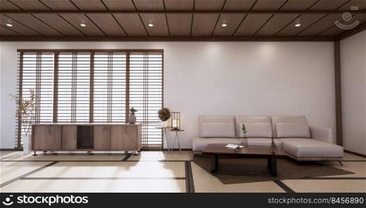 Sofa on room tropical interior with tatami mat floor and white wall.3D rendering
