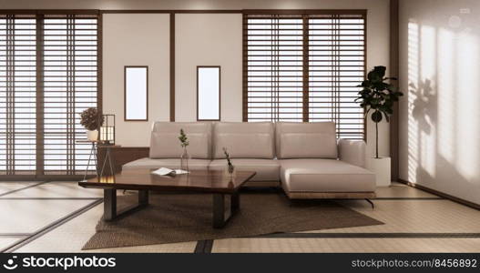 Sofa on room tropical interior with tatami mat floor and white wall.3D rendering