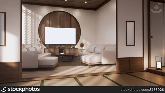 Sofa on room tropical interior with tatami mat floor and white wall.3D rendering