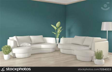Sofa white and decoration plants on dark green wall and wooden floor.3D rendering
