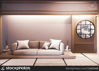sofa wooden japanese design, on room japanese wooden floor and decoration lamp and plants vase.3D rendering