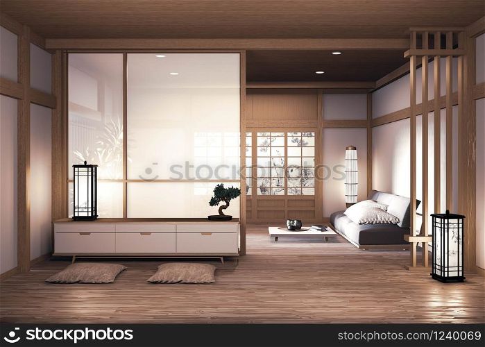 sofa wooden japanese design, on room japanese wooden floor and decoration lamp and plants vase.3D rendering