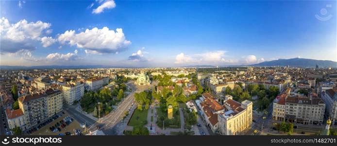 Sofia, Bulgaria - July 05, 2019: Amazing aerial panorama of the city center and Church Aleksander Nevski, Sofia Bulgaria